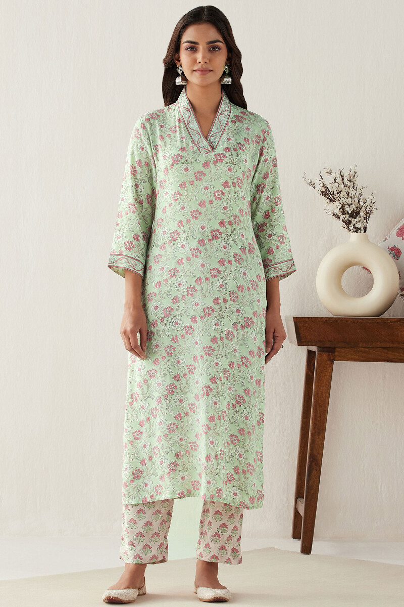 Green Hand Block Printed Straight Modal Kurta