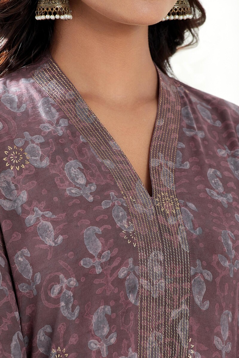Purple Hand Block Printed Straight Modal Kurta