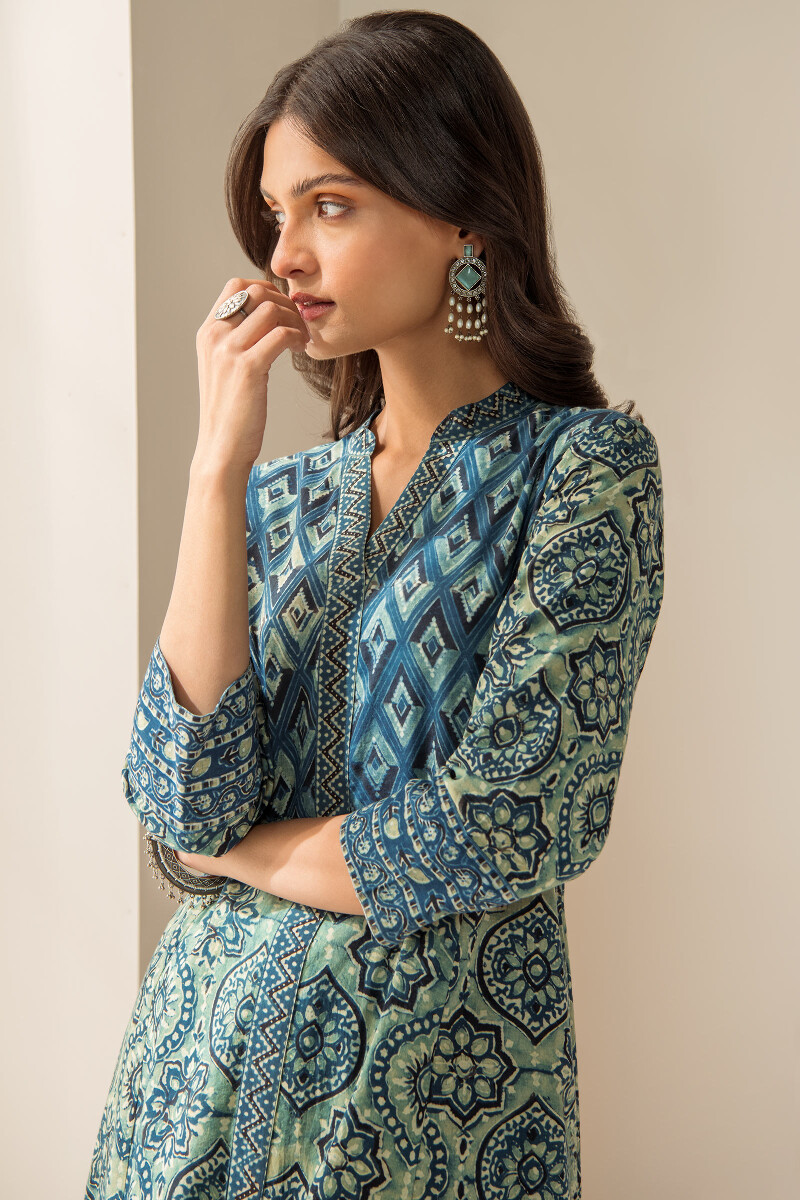 Green Hand Block Printed A-Line Cotton Kurta