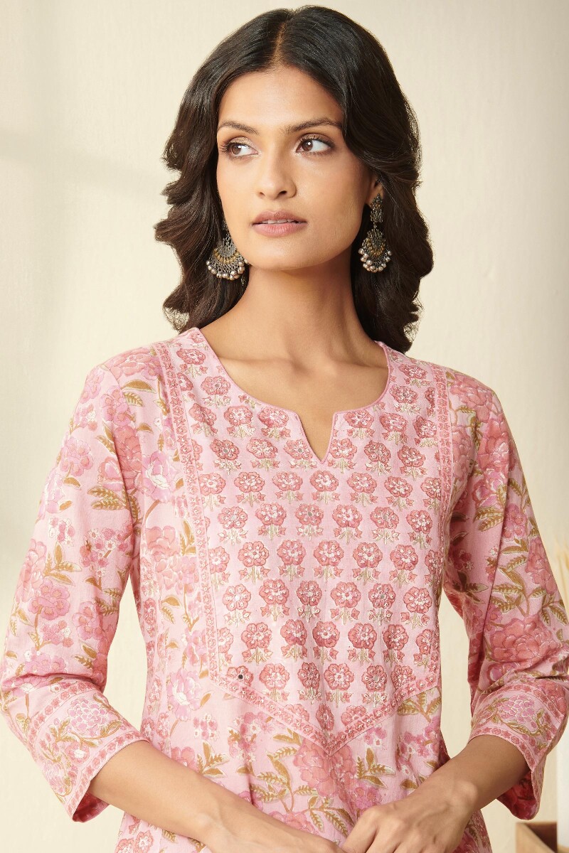 Pink Hand Block Printed Straight Cotton Kurta