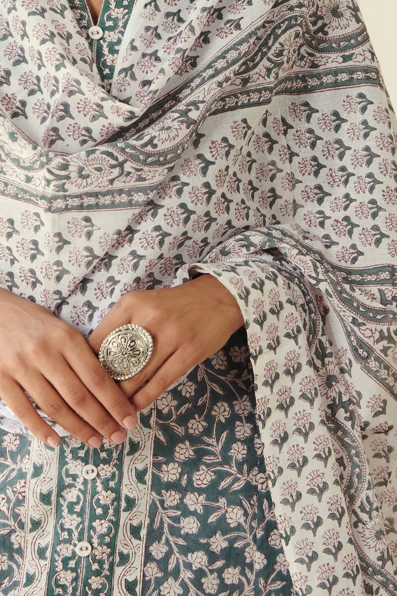 White Hand Block Printed Cotton Mul Dupatta