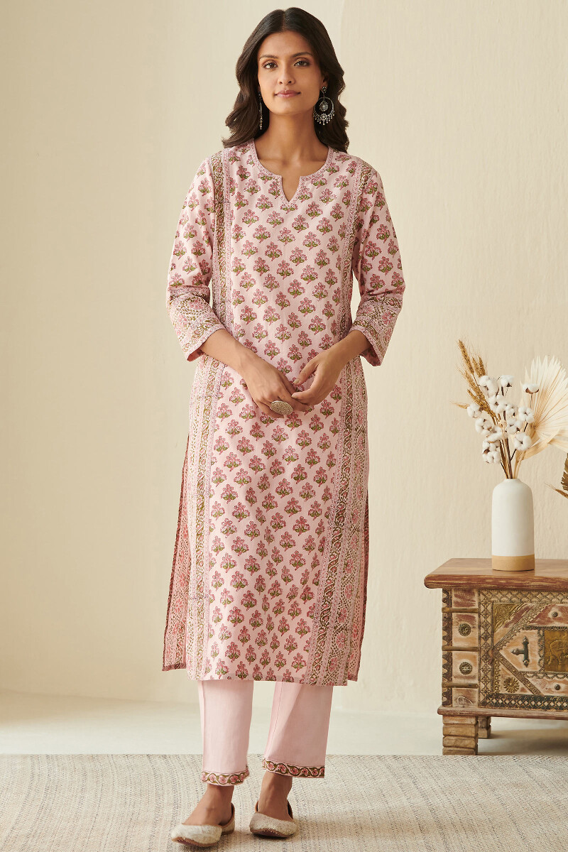 Pink Block Printed Straight Cotton Flax Kurta