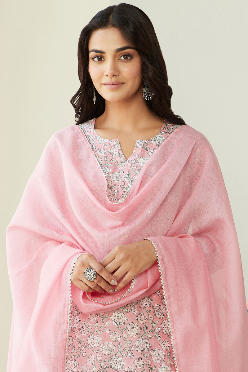 Pink Handcrafted Cotton Silk Dupatta