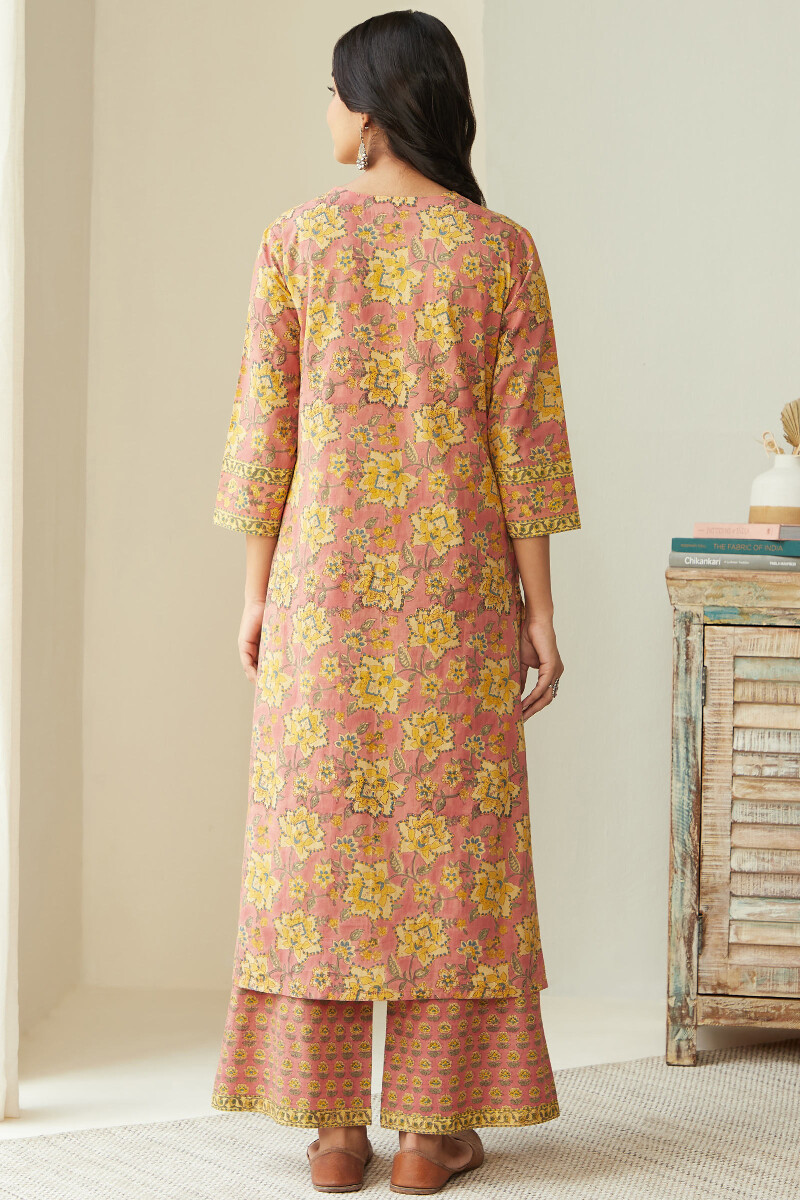 Peach Hand Block Printed Straight Cotton Kurta