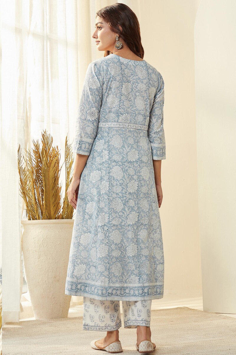 Light Blue Hand Block-Printed Anarkali Kurta