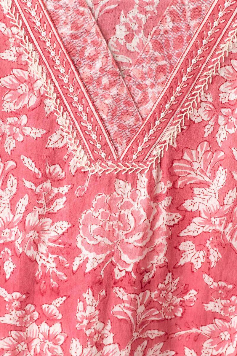 Pink Hand Block Printed Straight Cotton Kurta