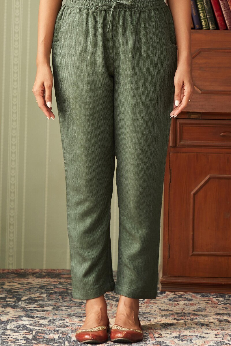 Green Handcrafted Faux Wool Narrow Pants