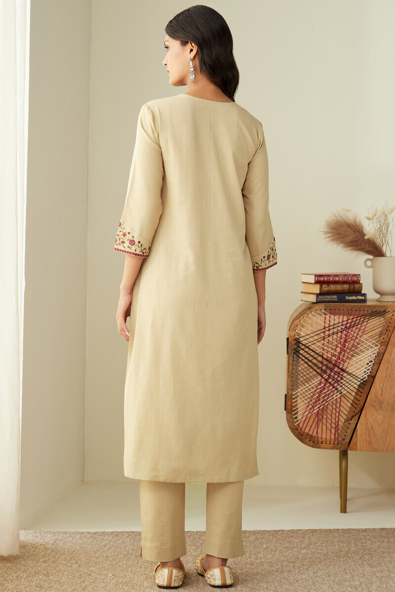 Beige Handcrafted Straight Cotton Flax Kurta