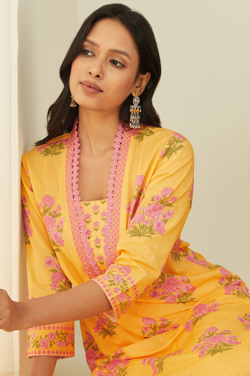 Yellow Printed Straight Cotton Kurta