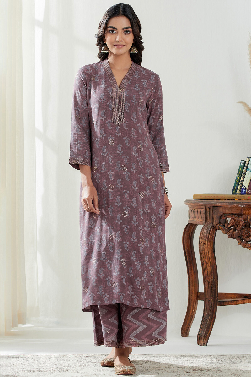 Purple Hand Block Printed Straight Modal Kurta