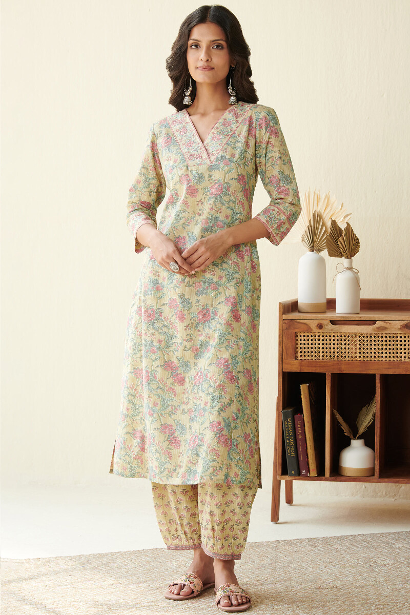 Mustard Hand Block Printed Straight Cotton Dobby Kurta