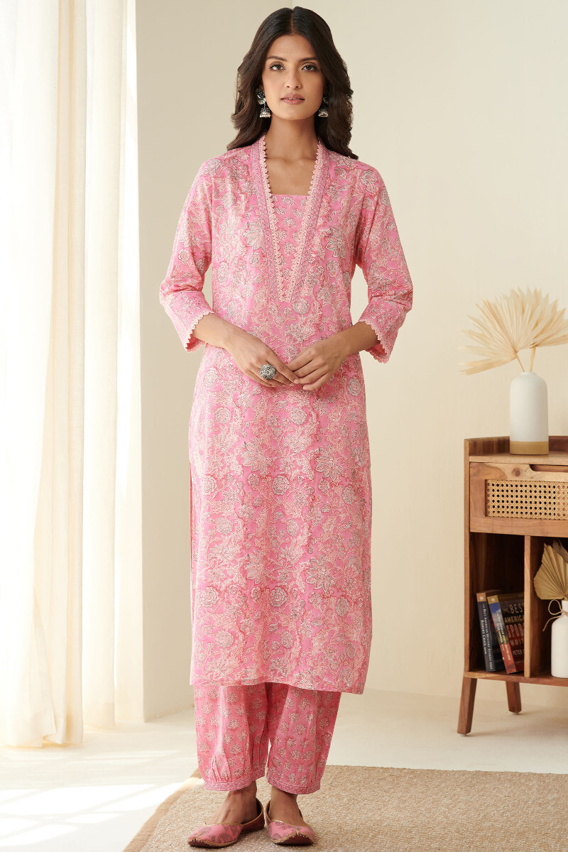 Pink Hand Block Printed Straight Cotton Kurta