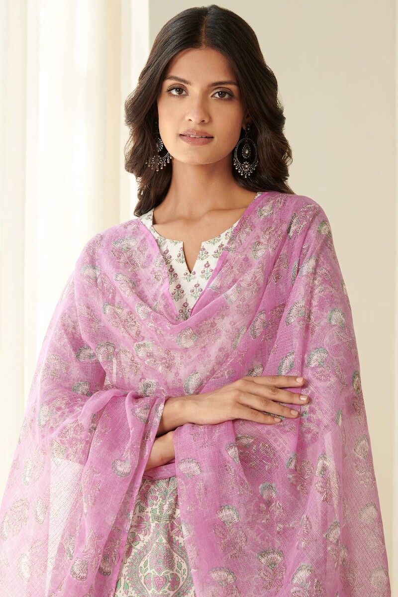 Pink Hand Block Printed Kota Dupatta