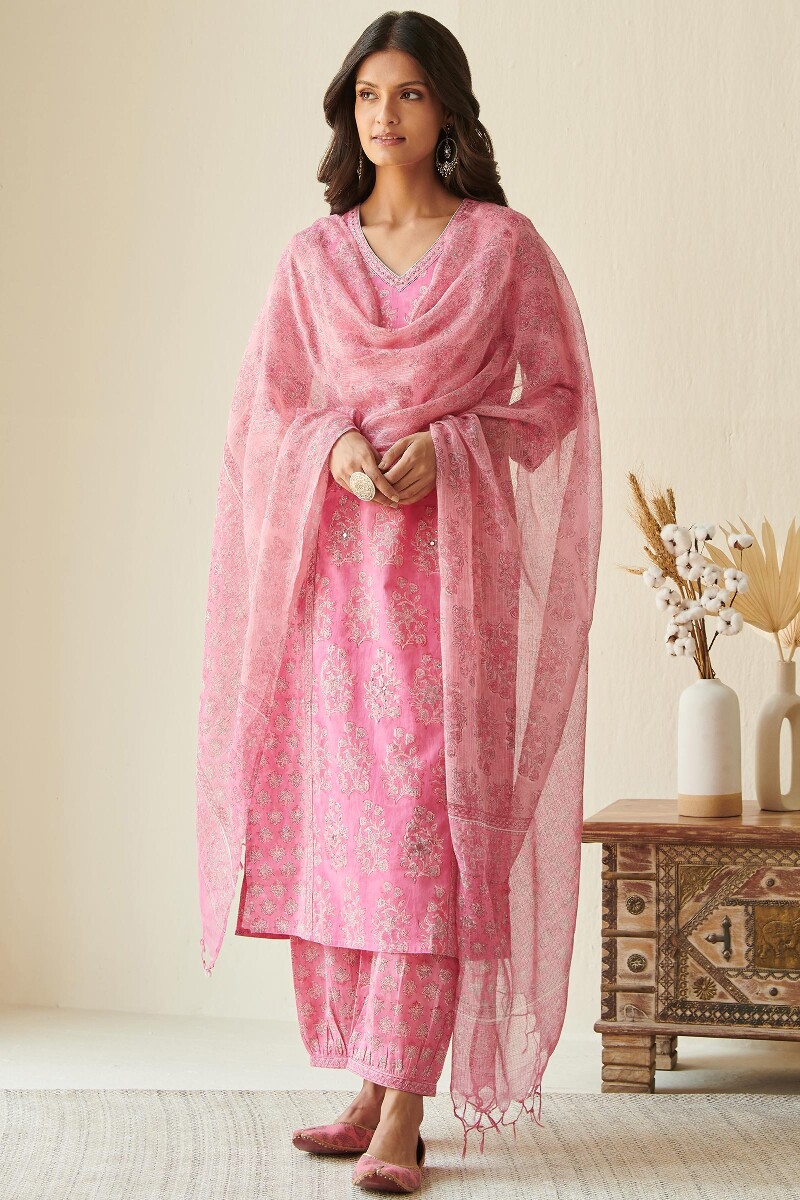 Pink Hand Block Printed Straight Cotton Kurta