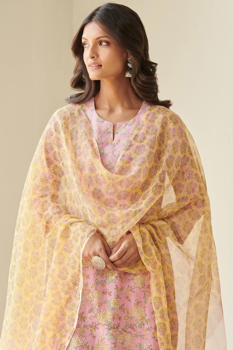 Yellow Hand Block Printed Kota Dupatta