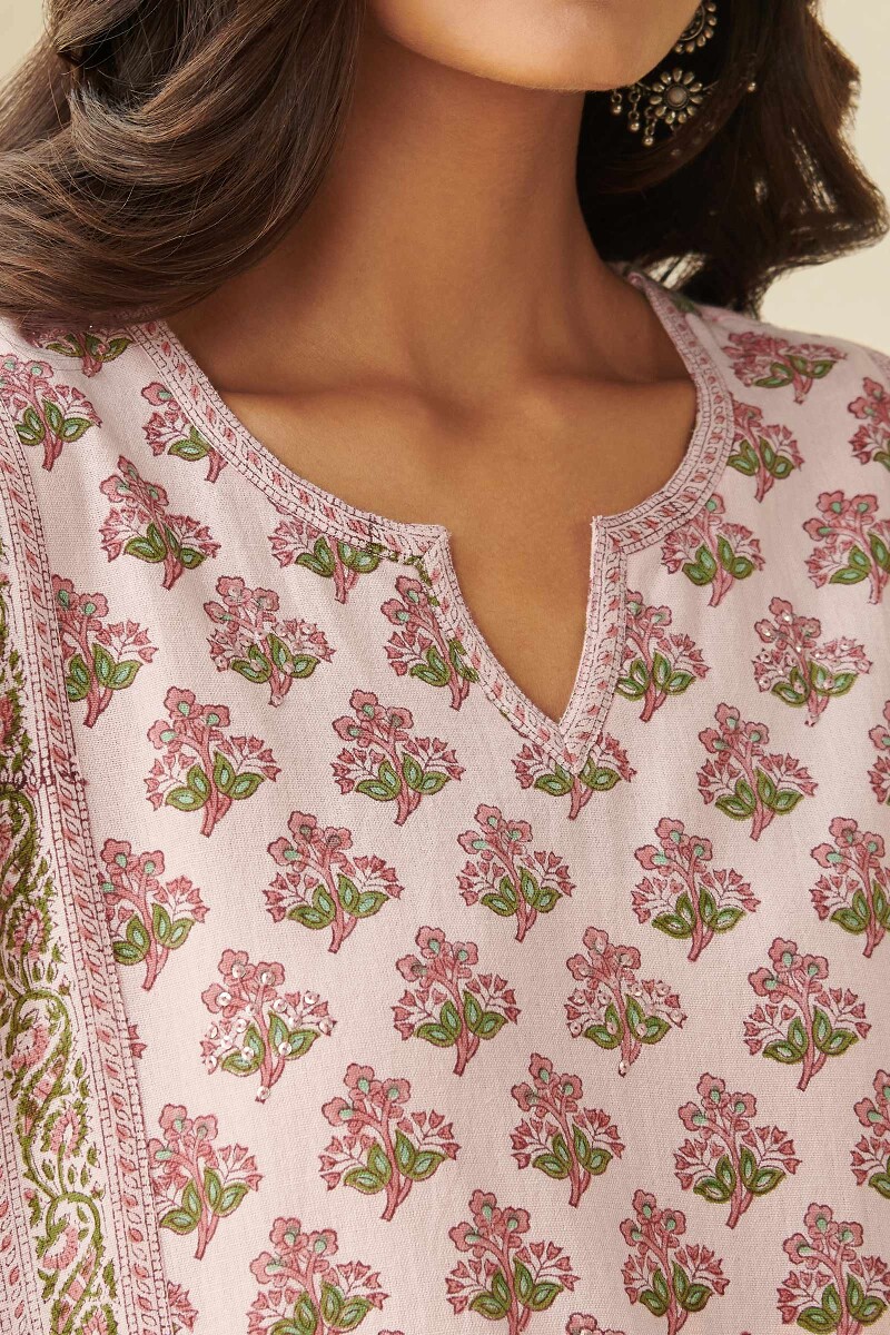 Pink Block Printed Straight Cotton Flax Kurta