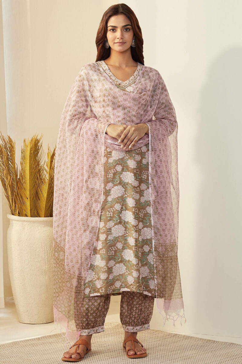 Brown Hand Block-Printed Straight Modal Kurta