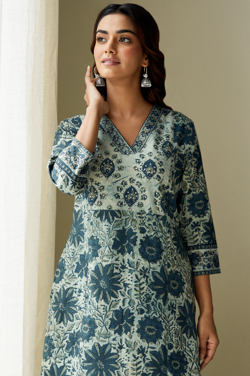 Akola Hand Block-Printed Straight Cotton Kurta