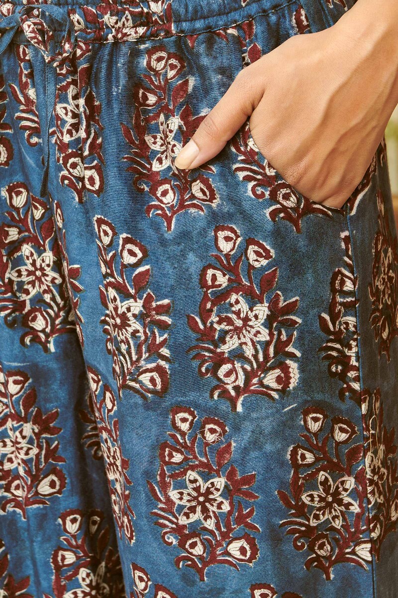 Blue Hand Block-Printed Chanderi Farsi