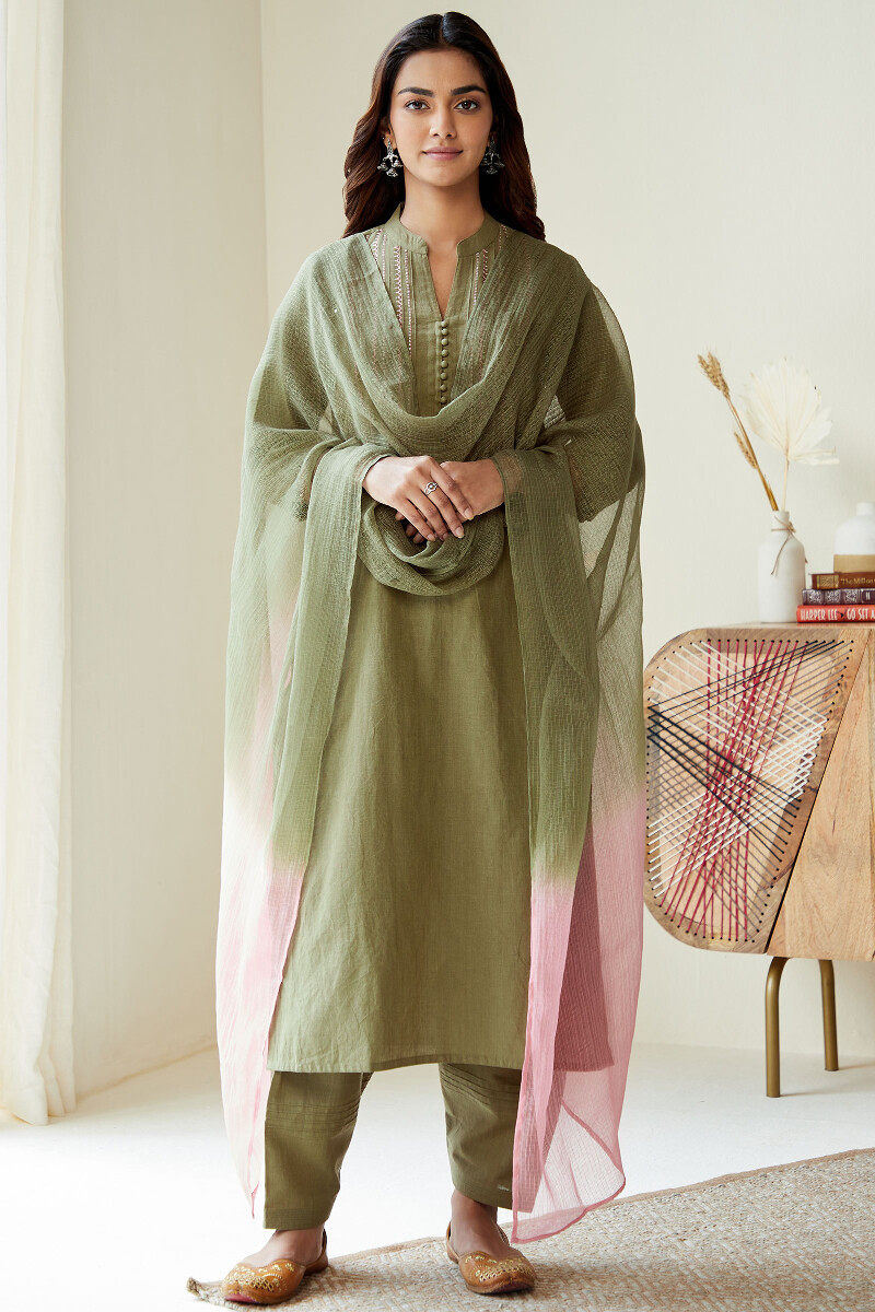 Olive Green Handcrafted Kota Dupatta