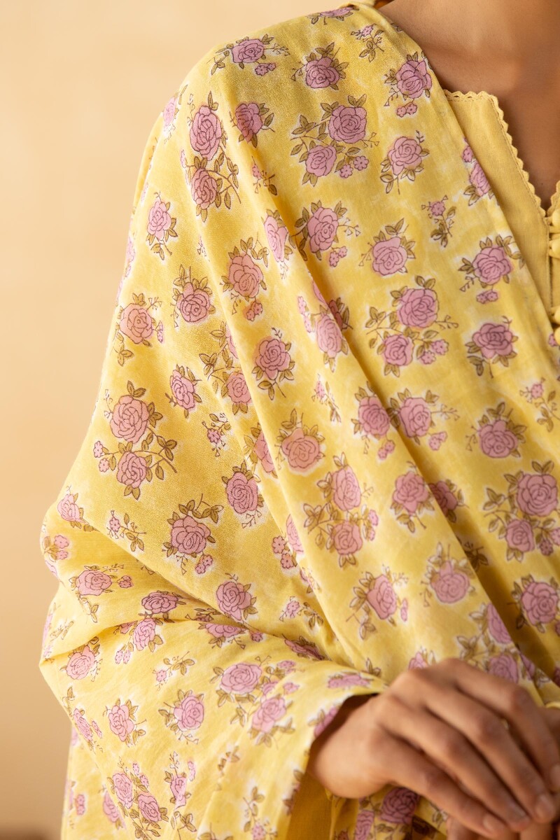 Yellow Block Printed Cotton Dupatta