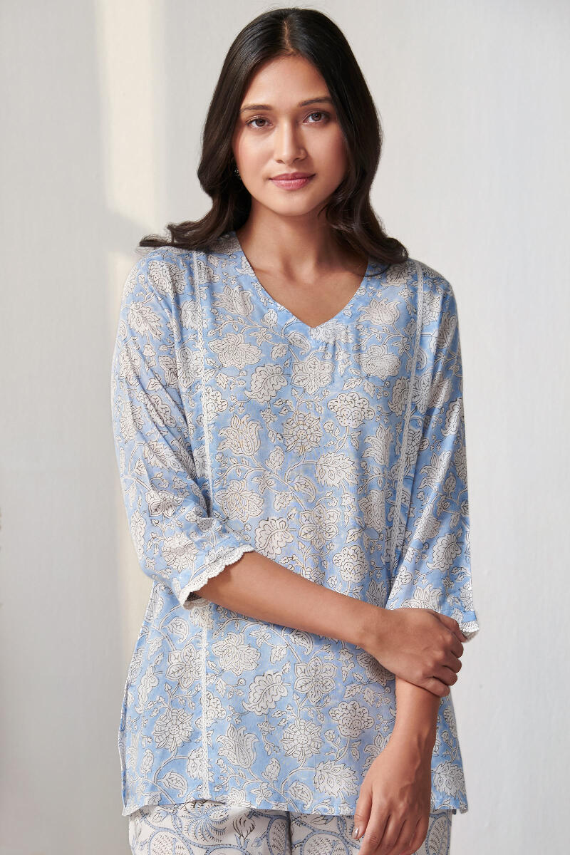 Blue Block Printed Cotton Modal Loungewear Set