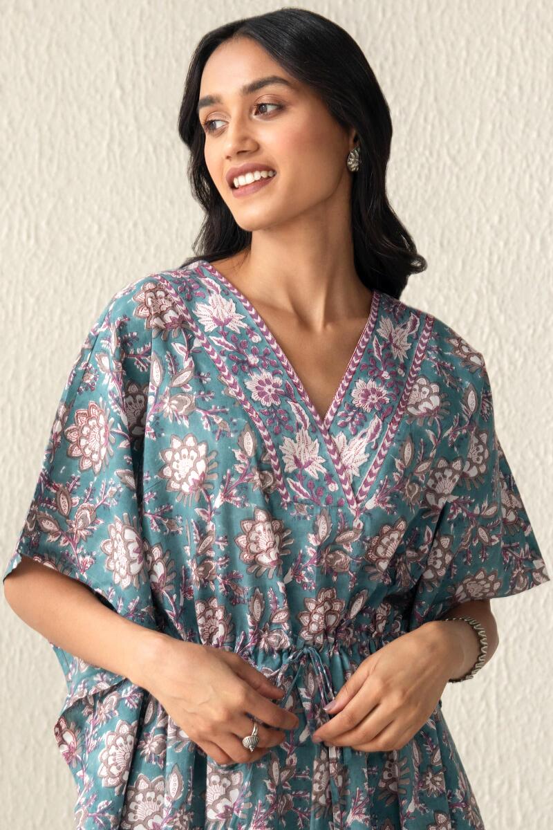 Blue Block Printed Cotton Kaftan