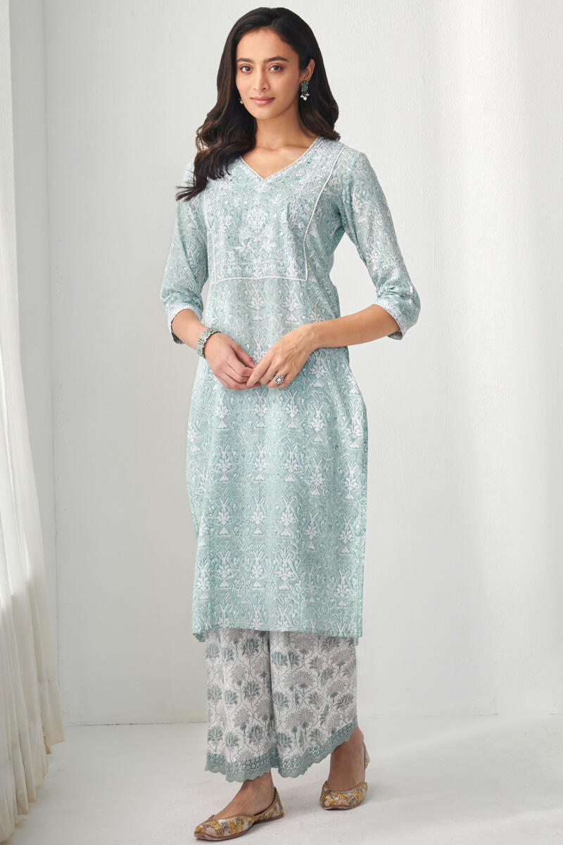 Green Hand Block Printed Straight Cotton Kurta