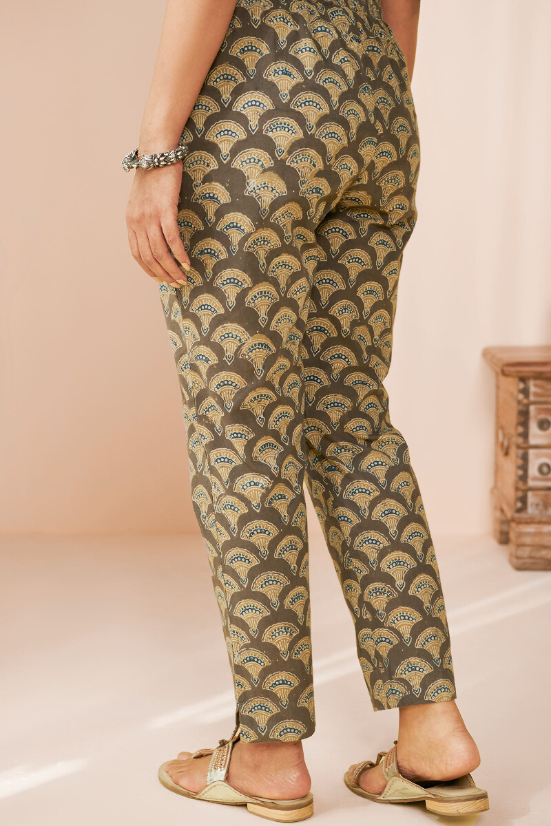 Brown Hand Block Printed Cotton Narrow Pants