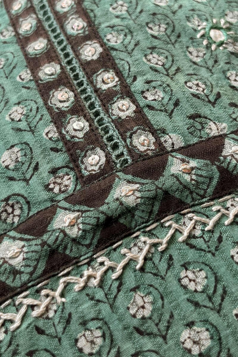 Green Hand Block Printed Straight Cotton Kurta