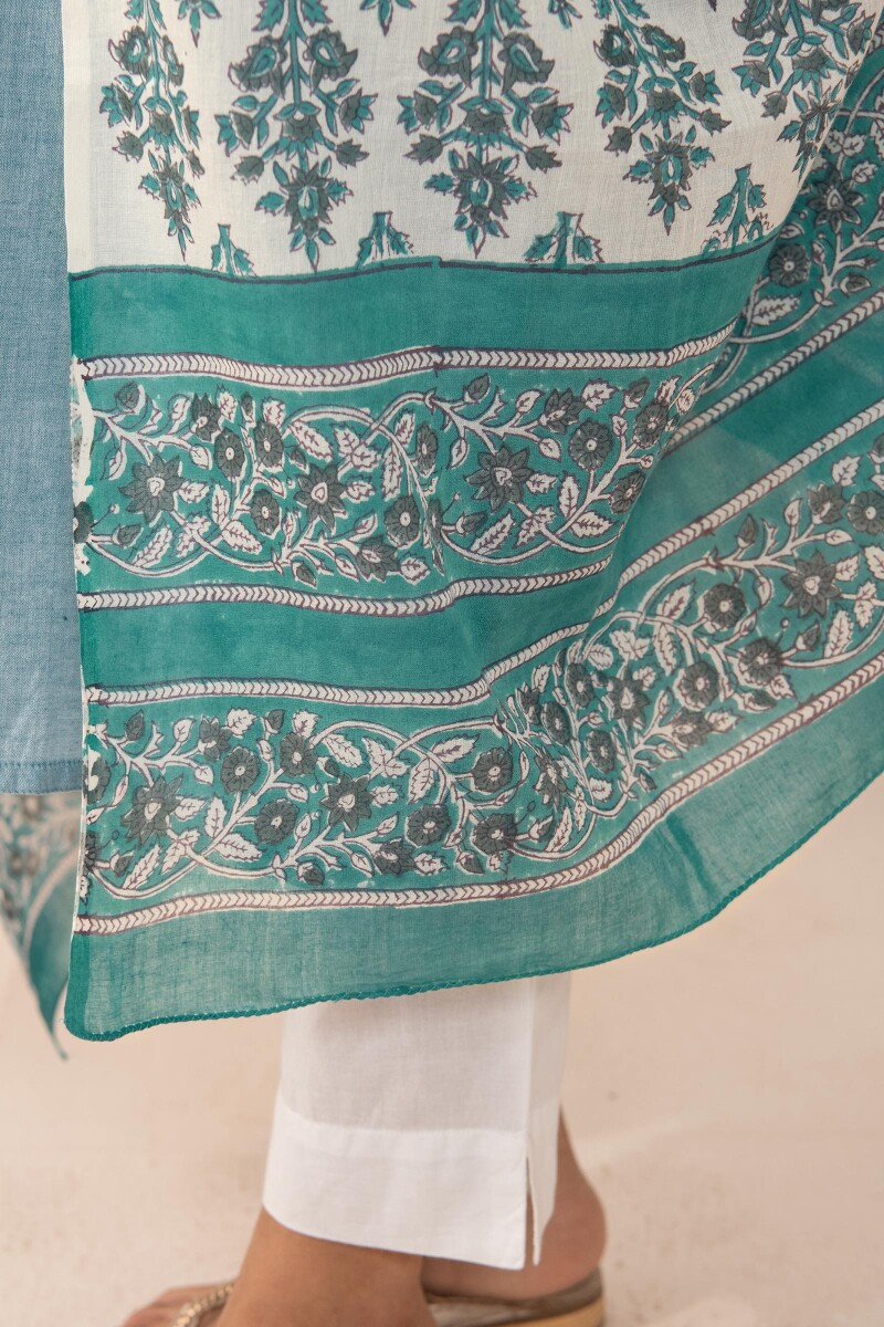 White Hand Block Printed Cotton Mul Dupatta