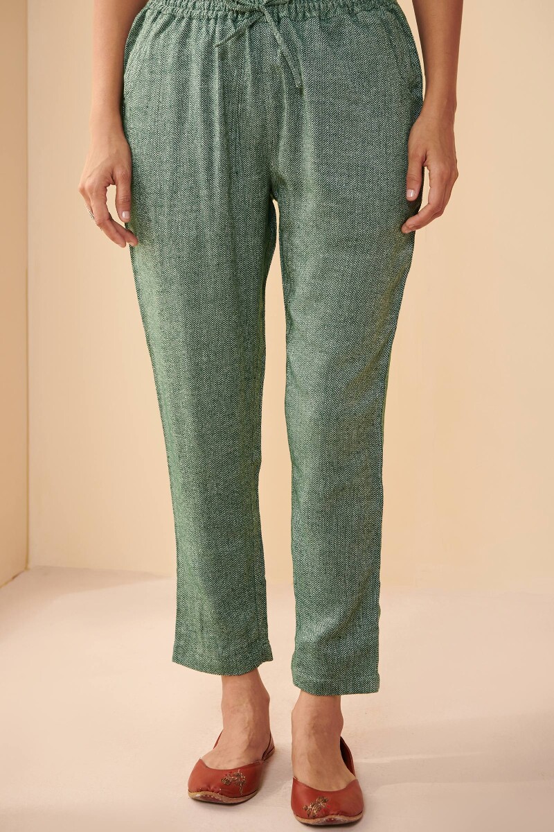 Green Handcrafted Faux Wool Narrow Pants