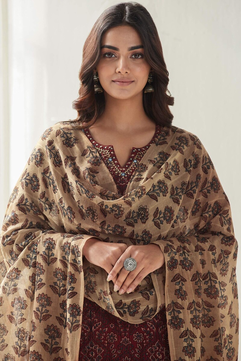 Beige Hand Block Printed Cotton Dobby Dupatta