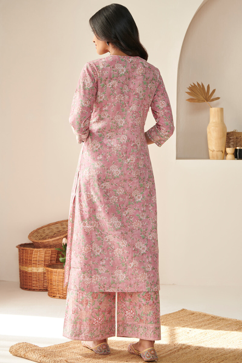 Pink Hand Block Printed Straight Cotton Kurta