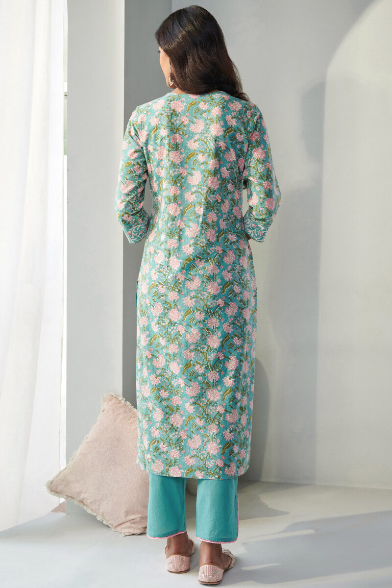 Blue Hand Block Printed Straight Cotton Kurta
