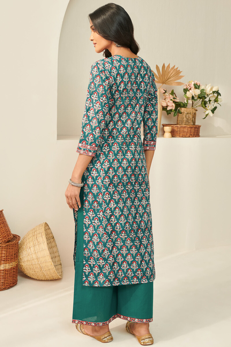 Green Hand Block Printed Straight Cotton Kurta