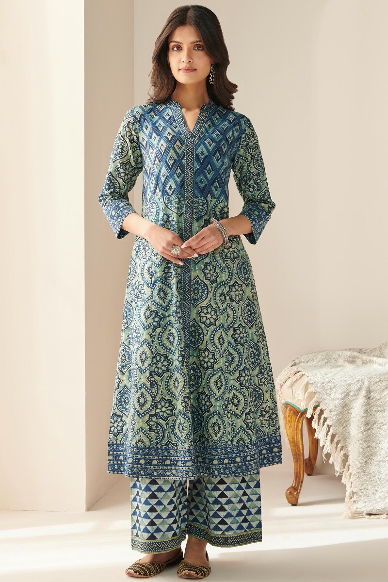 Green Hand Block Printed A-Line Cotton Kurta