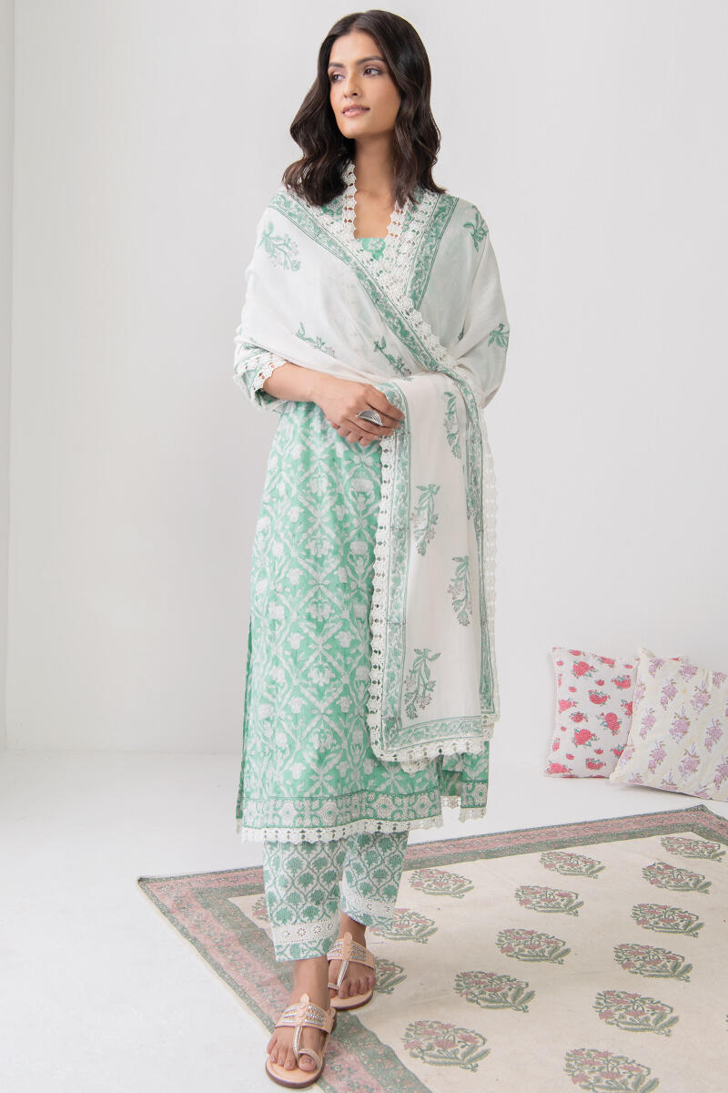 White Hand Block Printed Cotton Dupatta