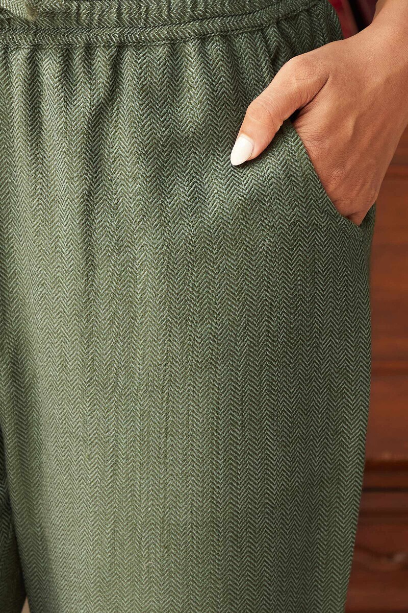 Green Handcrafted Faux Wool Narrow Pants