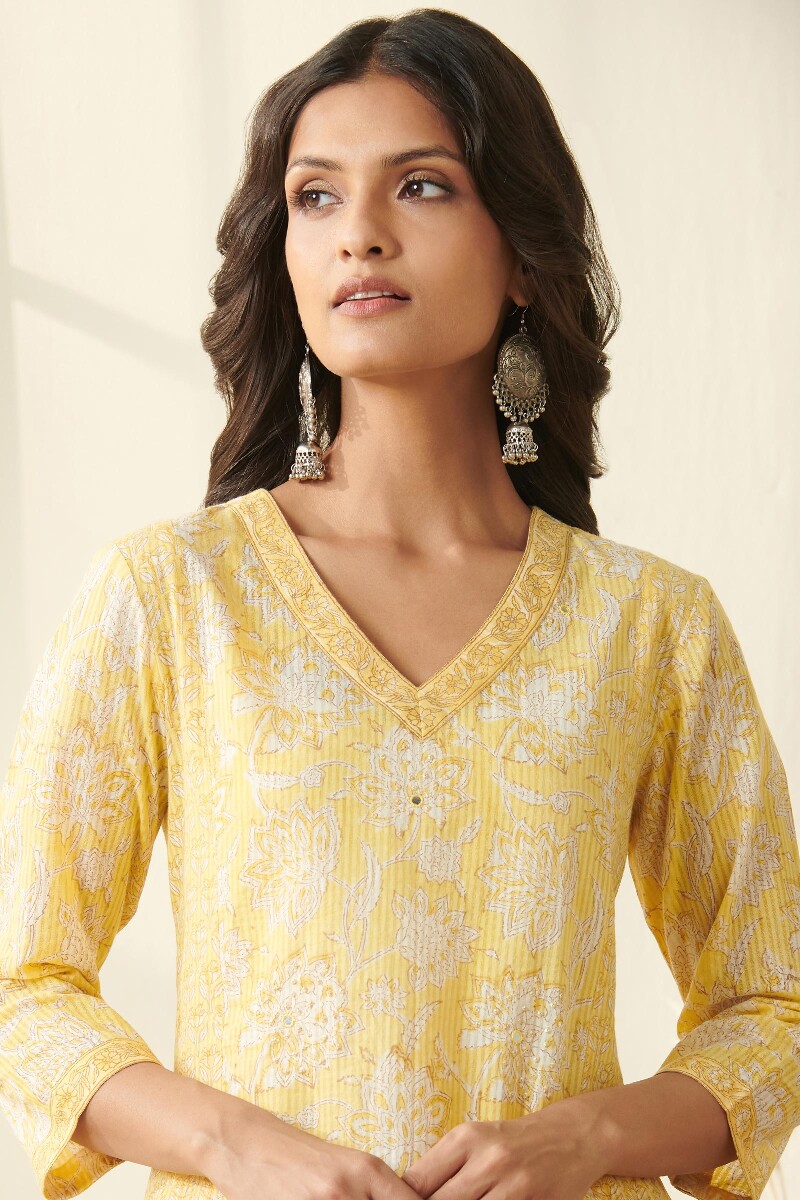 Yellow Hand Block Printed Straight Cotton Dobby Kurta