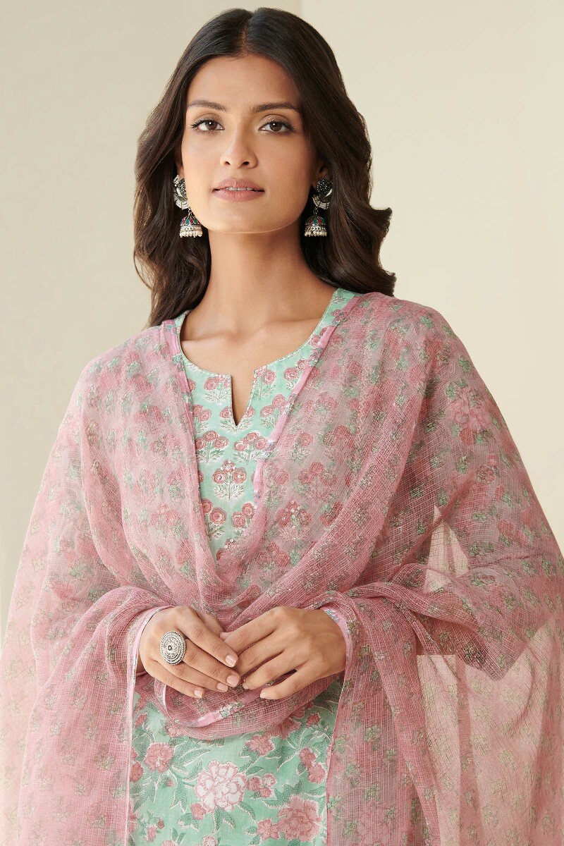 Pink Hand Block Printed Kota Dupatta