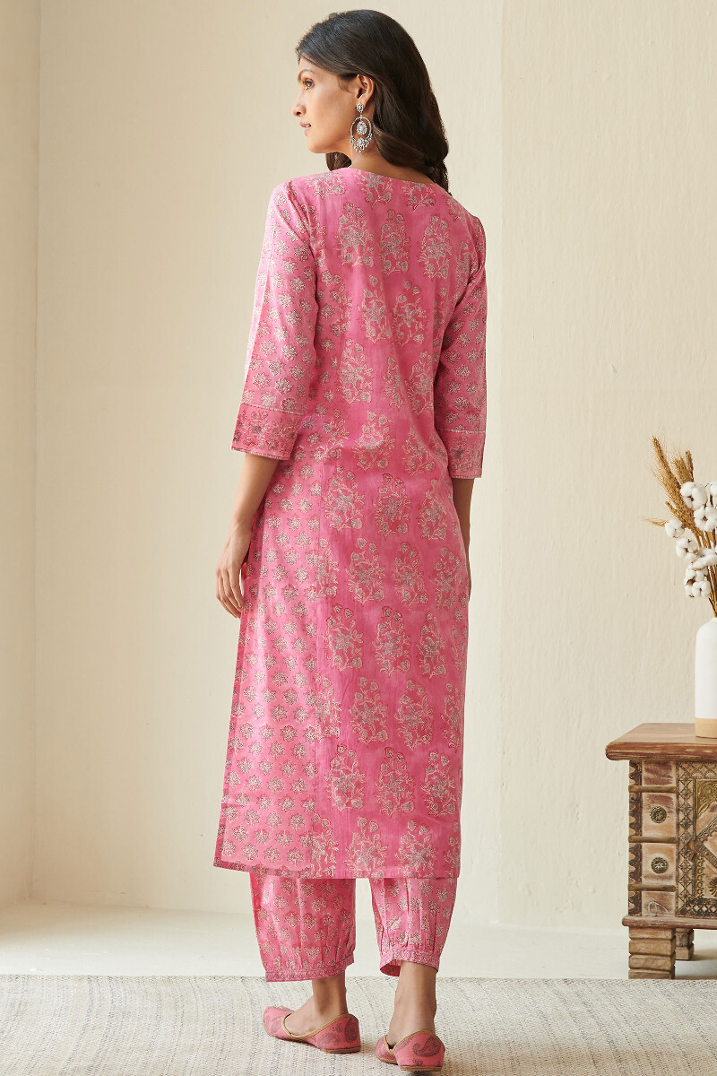 Pink Hand Block Printed Straight Cotton Kurta