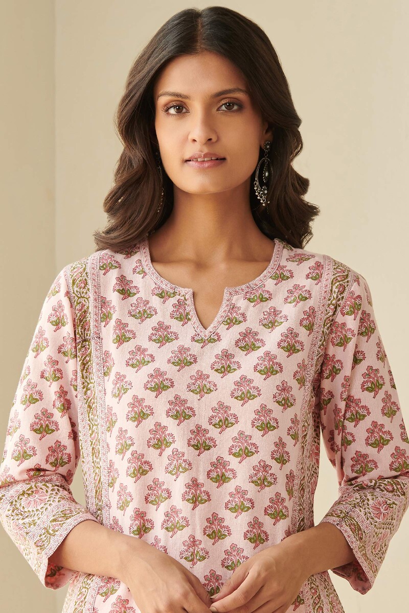 Pink Block Printed Straight Cotton Flax Kurta