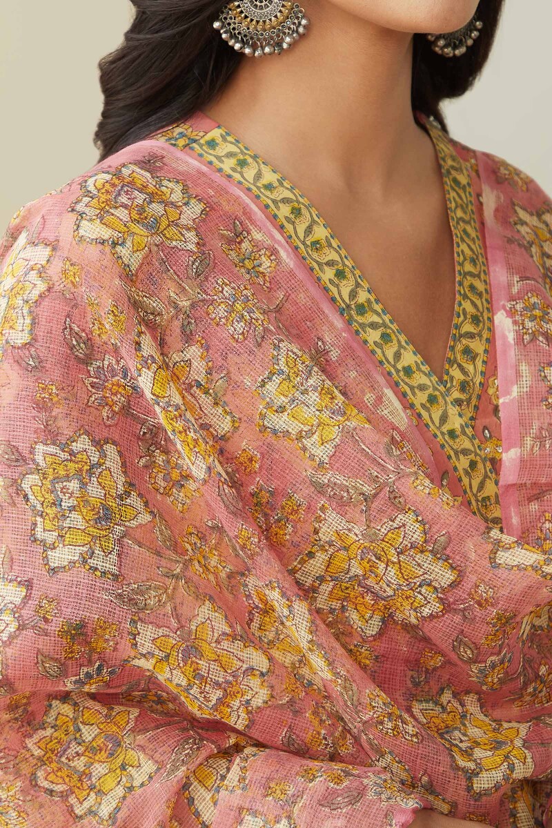 Peach  Hand Block Printed Kota Dupatta