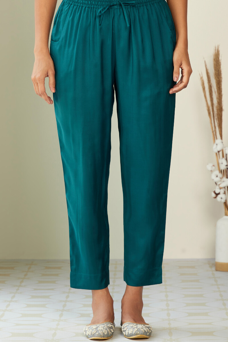 Teal Blue Handcrafted Modal Narrow Pants