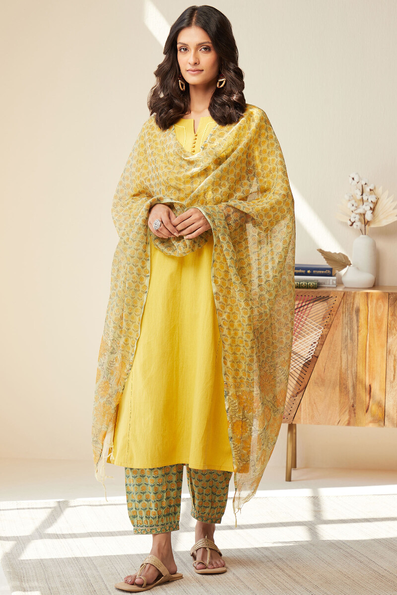 Mustard Yellow Handcrafted Straight Cotton Flax Kurta