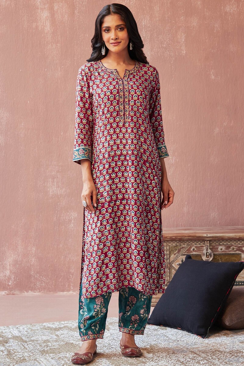 Red Hand Block-Printed Straight Viscose Kurta