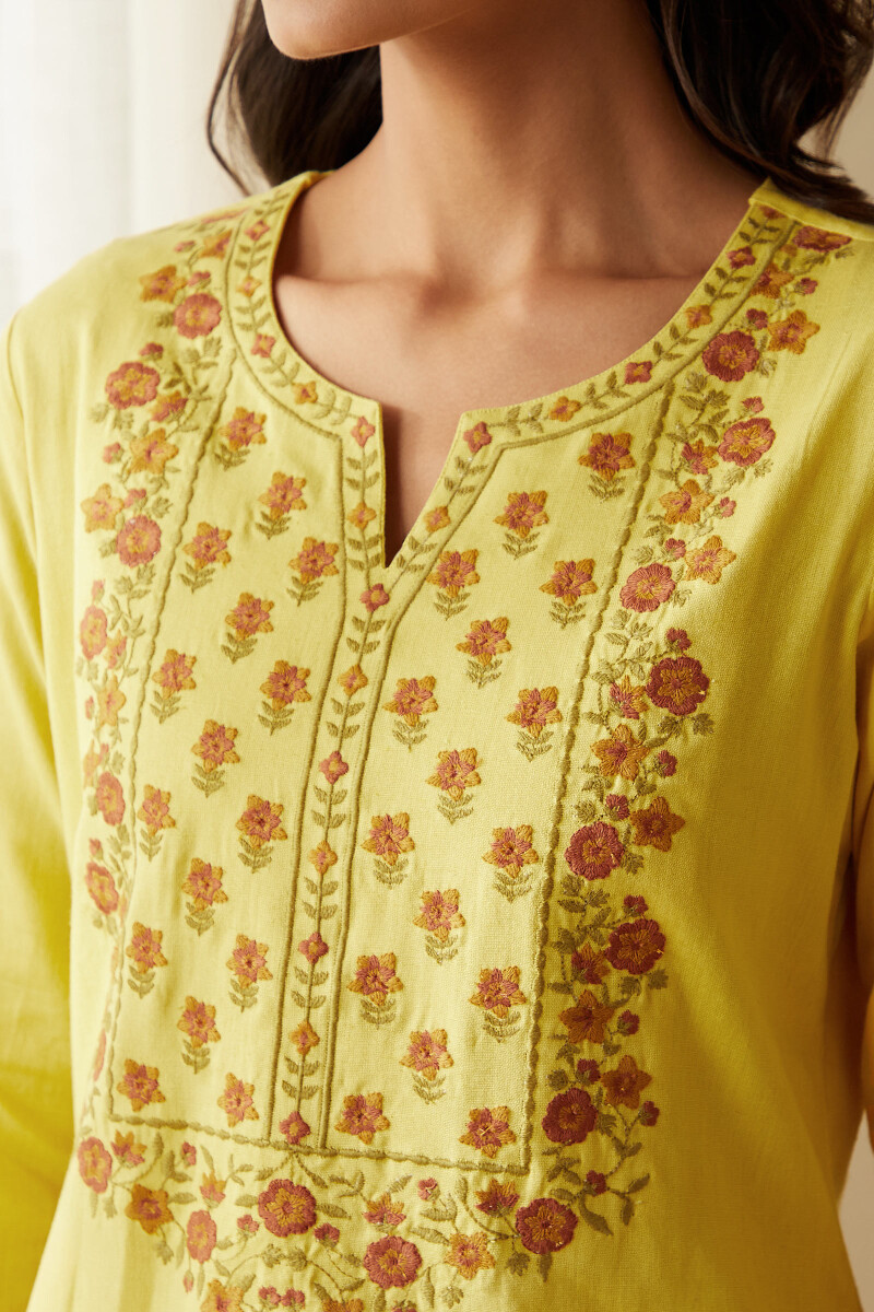 Yellow Handcrafted Straight Cotton Flax Kurta