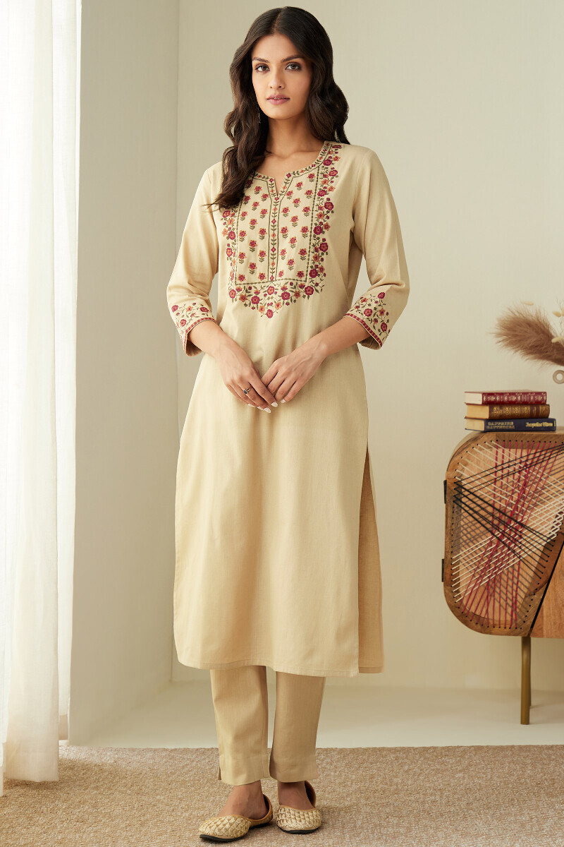 Beige Handcrafted Straight Cotton Flax Kurta