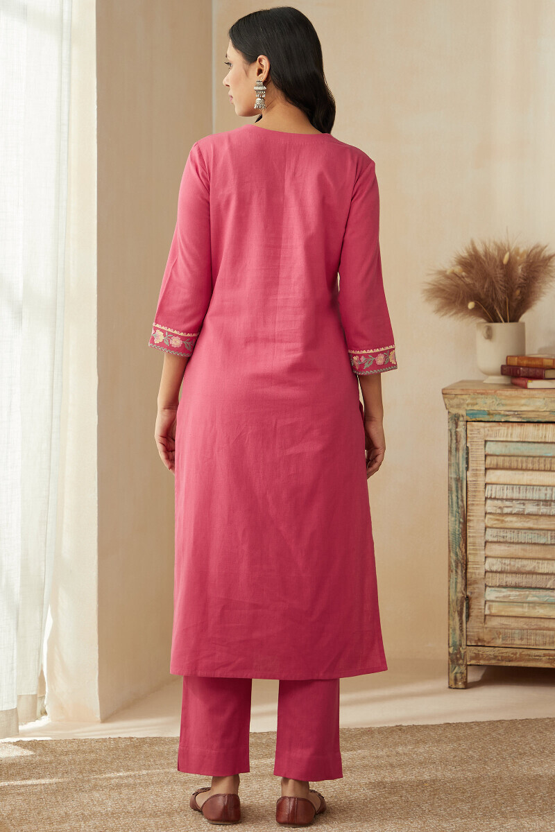 Pink Handcrafted Straight Cotton Flax Kurta